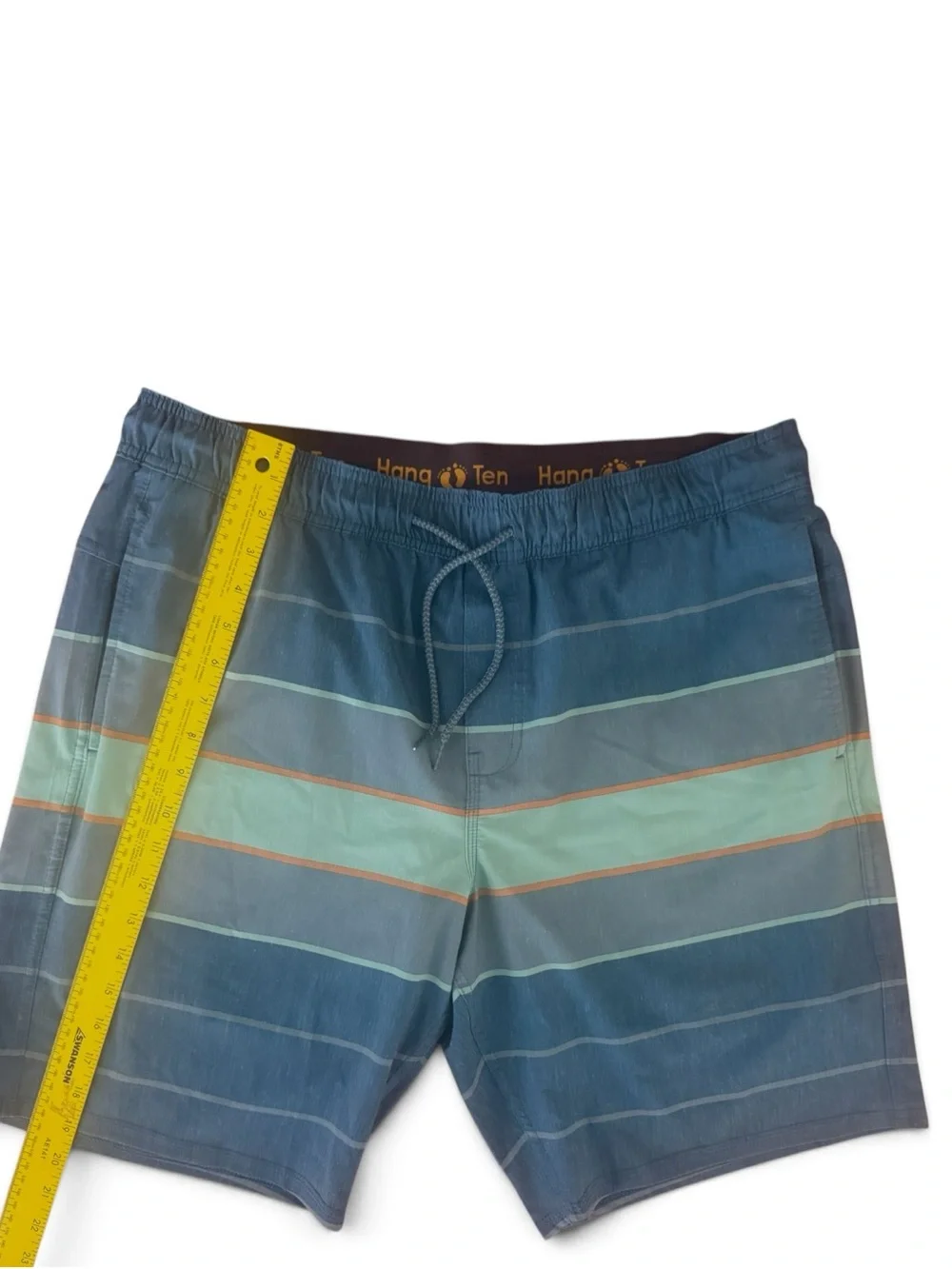 Hang Ten Men’s XL Striped Swim Trunks Board Shorts Compression Liner Blue Gray